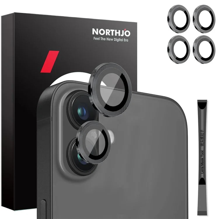 NORTHJO 2 Sets for iPhone 16 / 16 Plus Camera Lens Protector CD Veins Metal Ring Tempered Glass Lens Guard