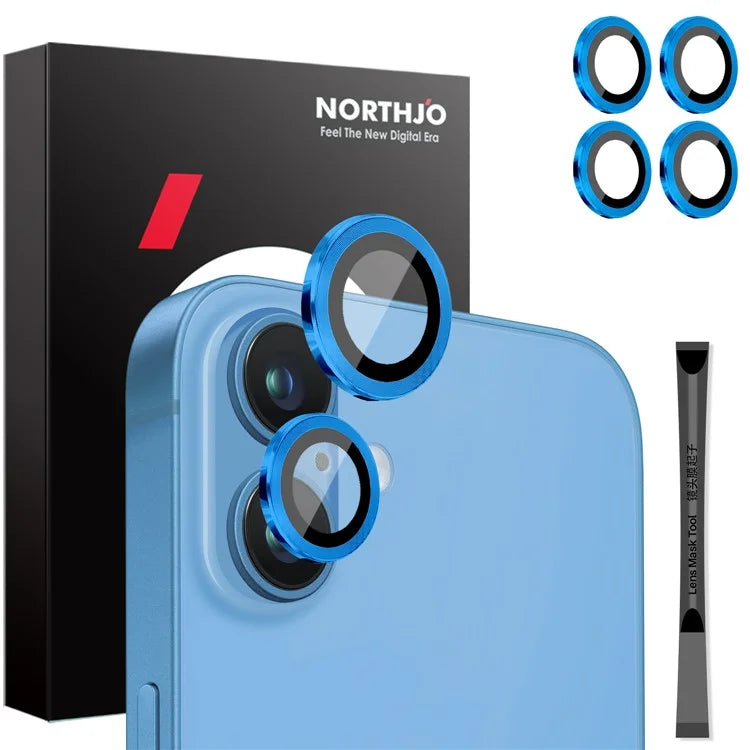 NORTHJO 2 Sets for iPhone 16 / 16 Plus Camera Lens Protector CD Veins Metal Ring Tempered Glass Lens Guard