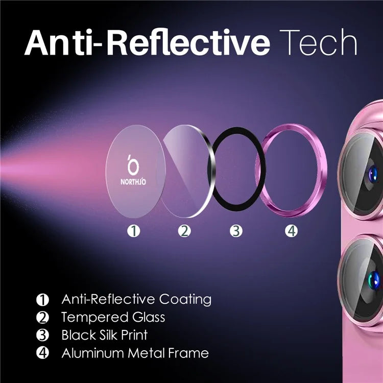 NORTHJO 2 Sets for iPhone 16 / 16 Plus Camera Lens Protector CD Veins Metal Ring Tempered Glass Lens Guard