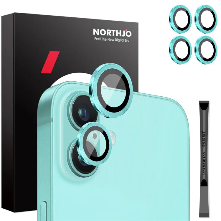 NORTHJO 2 Sets for iPhone 16 / 16 Plus Camera Lens Protector CD Veins Metal Ring Tempered Glass Lens Guard