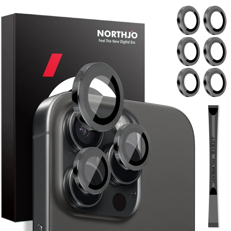 NORTHJO 2 Sets for iPhone 16 Pro / 16 Pro Max Tempered Glass Camera Lens Film CD Veins Metal Ring Lens Guard