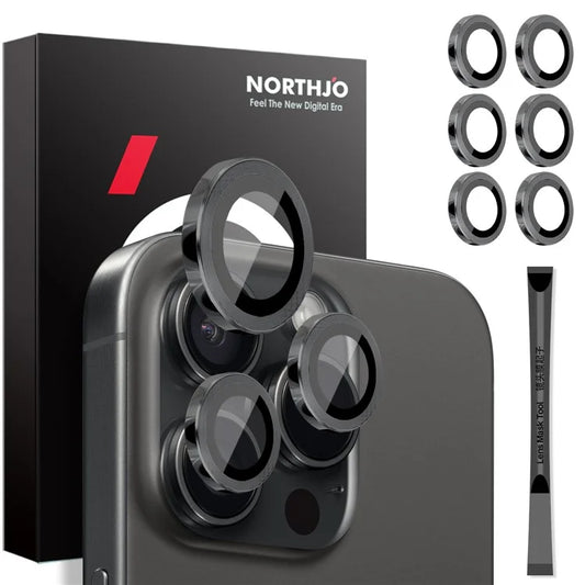 NORTHJO 2 Sets for iPhone 16 Pro / 16 Pro Max Tempered Glass Camera Lens Film CD Veins Metal Ring Lens Guard