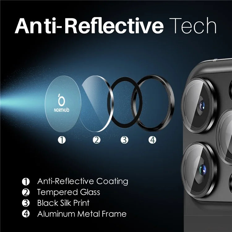 NORTHJO 2 Sets for iPhone 16 Pro / 16 Pro Max Tempered Glass Camera Lens Film CD Veins Metal Ring Lens Guard