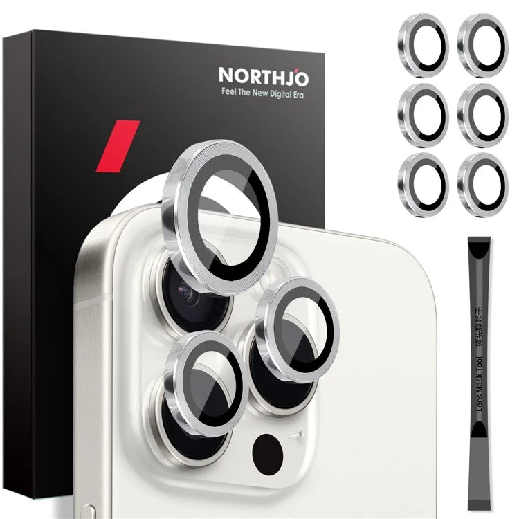 NORTHJO 2 Sets for iPhone 16 Pro / 16 Pro Max Tempered Glass Camera Lens Film CD Veins Metal Ring Lens Guard