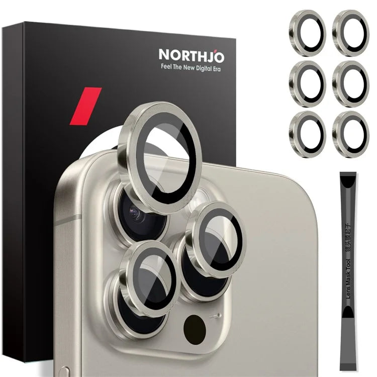 NORTHJO 2 Sets for iPhone 16 Pro / 16 Pro Max Tempered Glass Camera Lens Film CD Veins Metal Ring Lens Guard