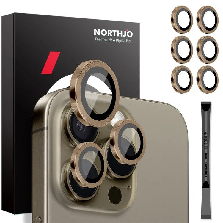 NORTHJO 2 Sets for iPhone 16 Pro / 16 Pro Max Tempered Glass Camera Lens Film CD Veins Metal Ring Lens Guard