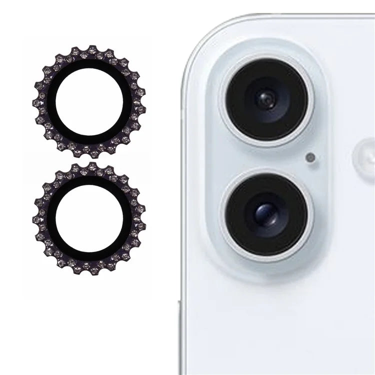 2Pcs / Set For iPhone 16 / 16 Plus Camera Lens Protector Gear Shape Rhinestone Decor Corning Gorilla Glass Lens Film