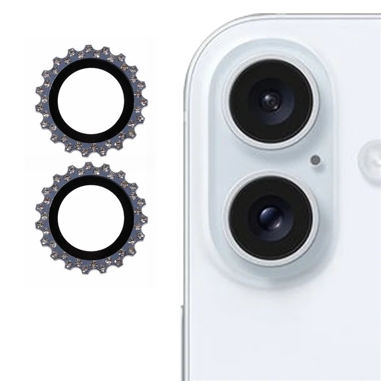 2Pcs / Set For iPhone 16 / 16 Plus Camera Lens Protector Gear Shape Rhinestone Decor Corning Gorilla Glass Lens Film