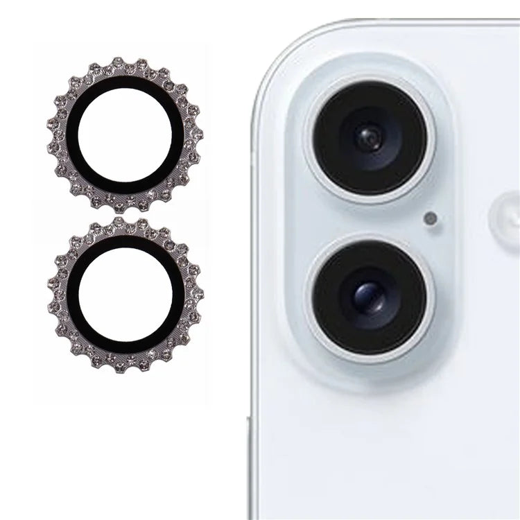 2Pcs / Set For iPhone 16 / 16 Plus Camera Lens Protector Gear Shape Rhinestone Decor Corning Gorilla Glass Lens Film