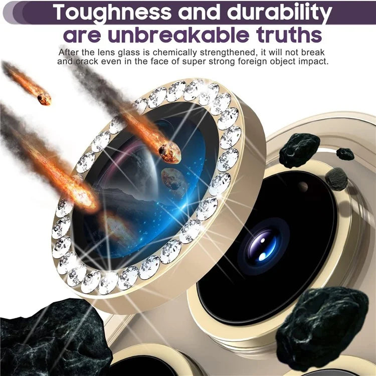 1Set For iPhone 16 Pro / 16 Pro Max Camera Lens Protector Tempered Glass+Metal Ring Rhinestone Lens Film