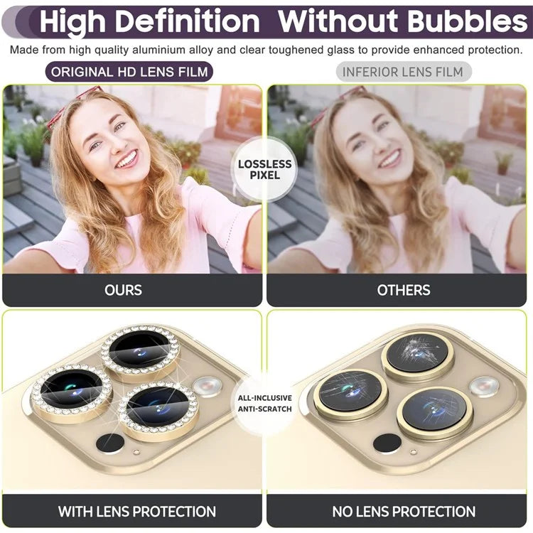 1Set For iPhone 16 Pro / 16 Pro Max Camera Lens Protector Tempered Glass+Metal Ring Rhinestone Lens Film