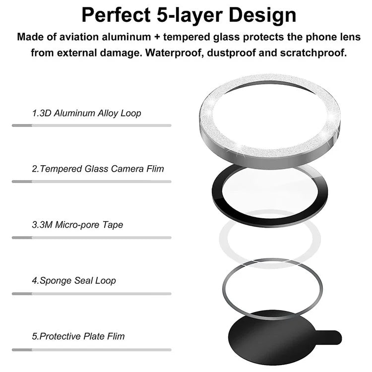 For iPhone 16 Pro / 16 Pro Max Glitter Camera Lens Film Metal Ring+Tempered Glass Phone Lens Protector