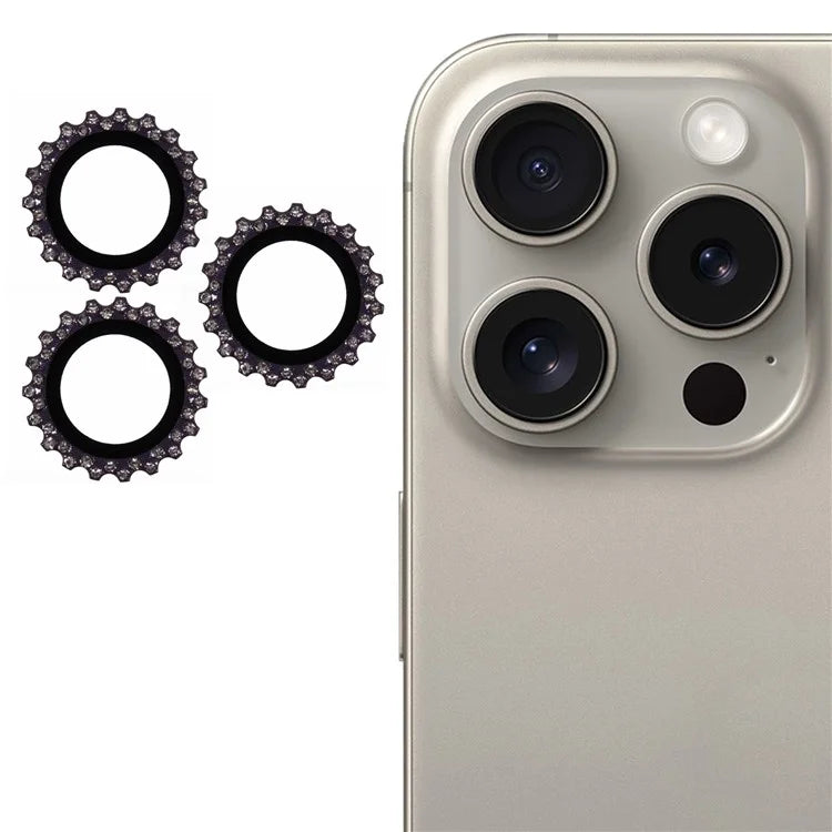3Pcs / Set For iPhone 16 Pro / 16 Pro Max Camera Lens Protector Gear Shape Rhinestone Decor Corning Gorilla Glass Lens Film