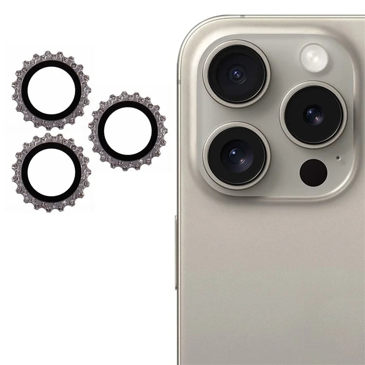 3Pcs / Set For iPhone 16 Pro / 16 Pro Max Camera Lens Protector Gear Shape Rhinestone Decor Corning Gorilla Glass Lens Film