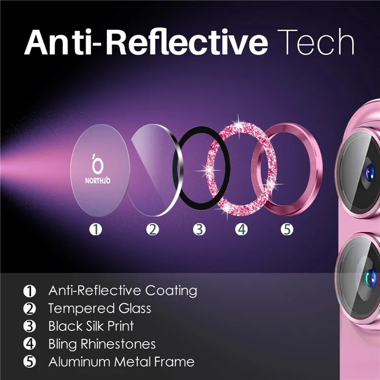 NORTHJO 1 Set For iPhone 16 / 16 Plus Camera Lens Film Tempered Glass+Metal Glitter Rear Lens Protector