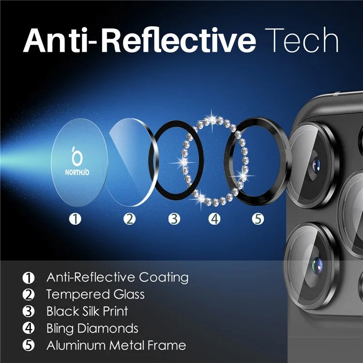 NORTHJO For iPhone 16 Pro / 16 Pro Max Lens Protector Rhinestone Ring Tempered Glass Lens Film