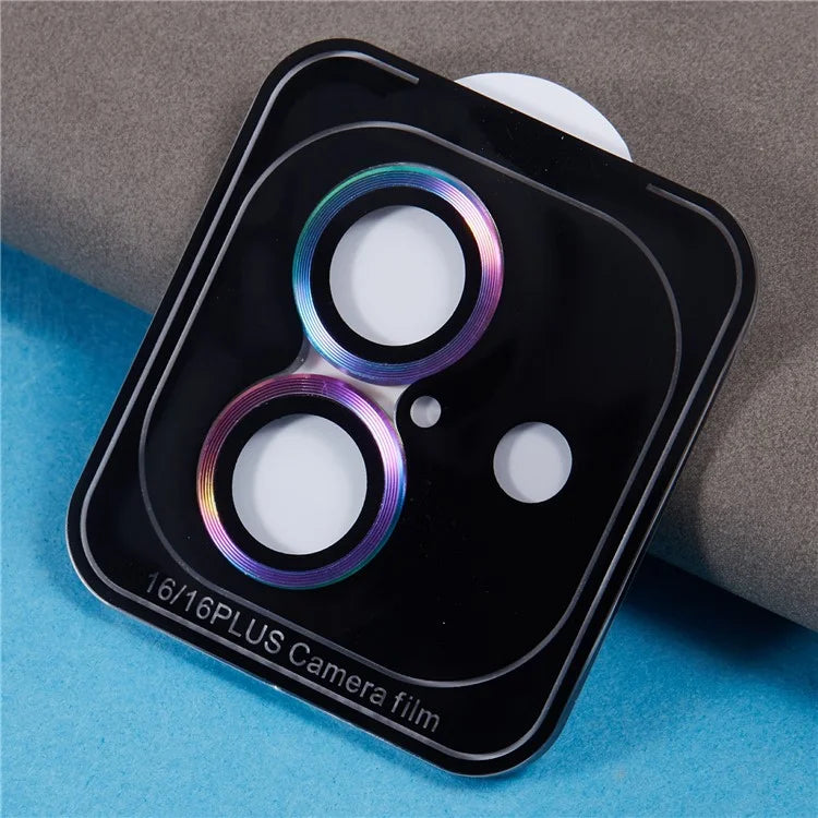 For iPhone 16 / 16 Plus Camera Lens Protector CD Veins Metal Ring Tempered Glass Film