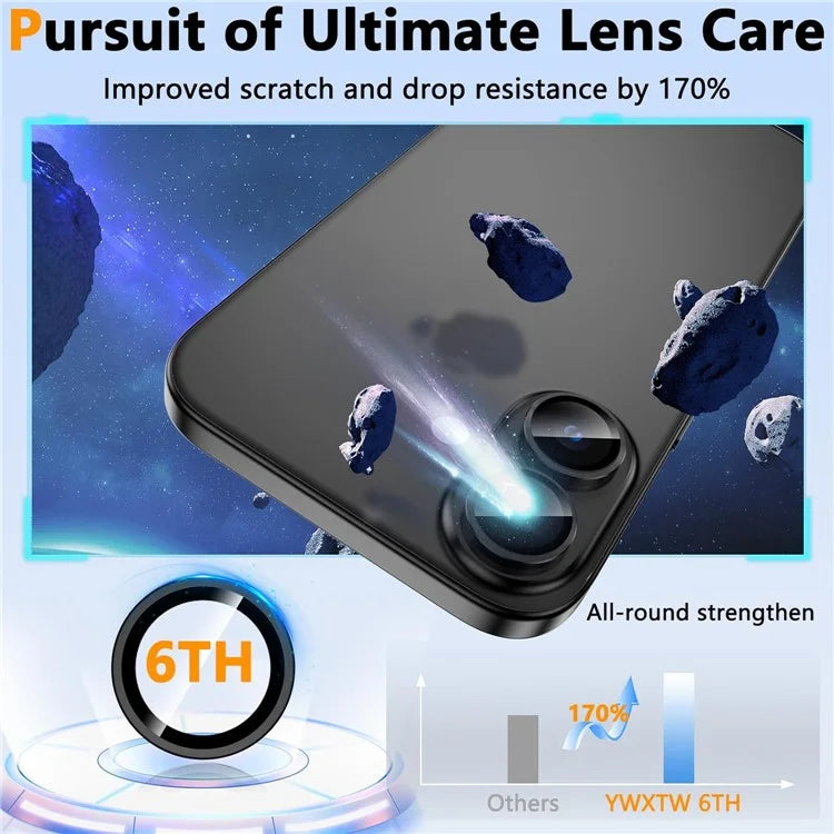 1Set For iPhone 16  /  16 Plus Camera Lens Film Tempered Glass CD Vein Metal Ring Rear Lens Protector