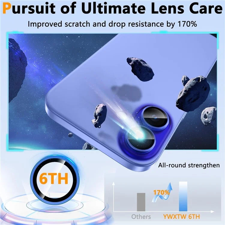1Set For iPhone 16  /  16 Plus Camera Lens Film Tempered Glass CD Vein Metal Ring Rear Lens Protector