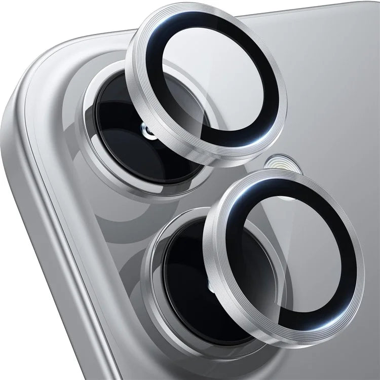 1Set For iPhone 16  /  16 Plus Camera Lens Film Tempered Glass CD Vein Metal Ring Rear Lens Protector