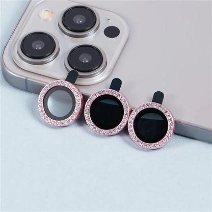 For iPhone 15 Pro  /  15 Pro Max Camera Lens Protector Rhinestone Metal Frame + Tempered Glass Rear Lens Film