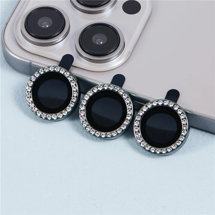 For iPhone 15 Pro  /  15 Pro Max Camera Lens Protector Rhinestone Metal Frame + Tempered Glass Rear Lens Film