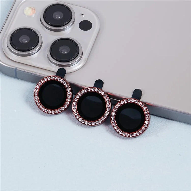 For iPhone 15 Pro  /  15 Pro Max Camera Lens Protector Rhinestone Metal Frame + Tempered Glass Rear Lens Film