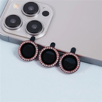 For iPhone 15 Pro  /  15 Pro Max Camera Lens Protector Rhinestone Metal Frame + Tempered Glass Rear Lens Film