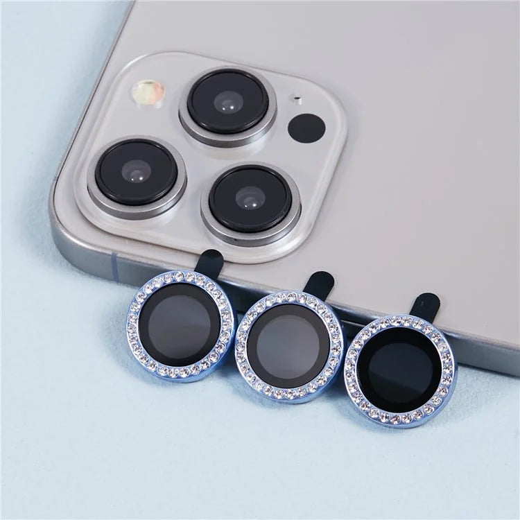 For iPhone 15 Pro  /  15 Pro Max Camera Lens Protector Rhinestone Metal Frame + Tempered Glass Rear Lens Film