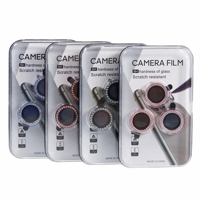 For iPhone 15 Pro  /  15 Pro Max Camera Lens Protector Rhinestone Metal Frame + Tempered Glass Rear Lens Film