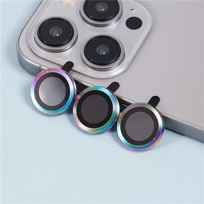 For iPhone 15 Pro / 15 Pro Max 1 Set Camera Lens Protector Metal Ring Tempered Glass Electroplating CD Vein Lens Film