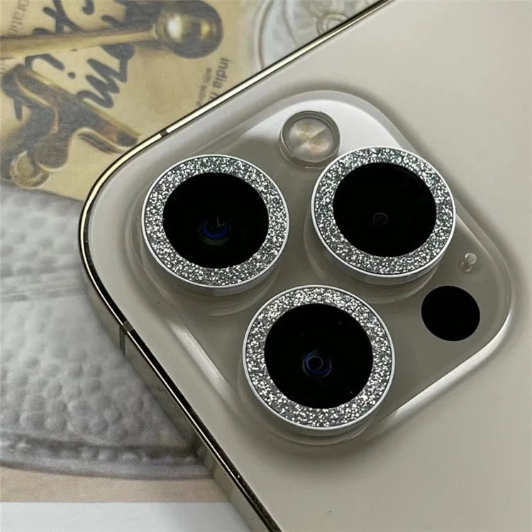 For iPhone 15 Pro / 15 Pro Max 1 Set Camera Lens Film Tempered Glass Lens Protector with Glitter Powder Ring