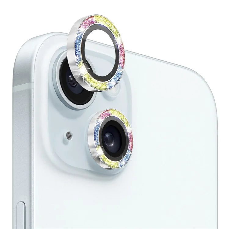 NORTHJO 1 Set For iPhone 15 / 15 Plus Glitter Camera Lens Protector Tempered Glass+Metal Ring Cover Film