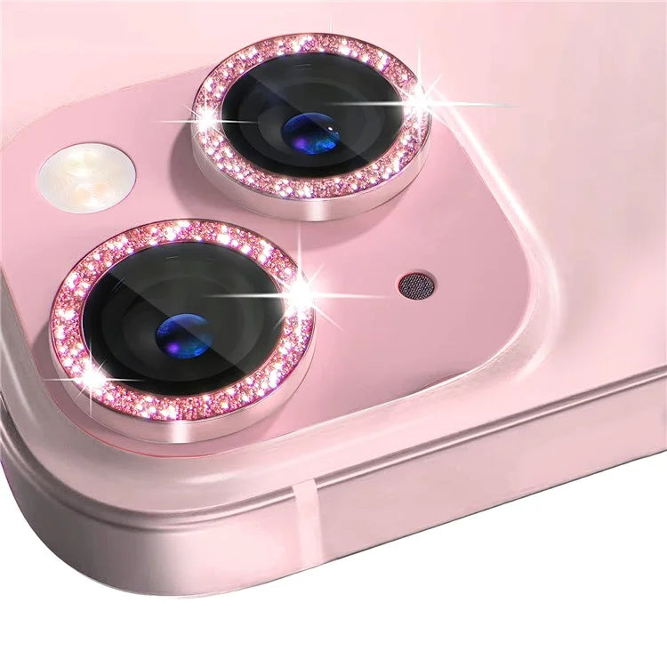 NORTHJO 1 Set For iPhone 15 / 15 Plus Glitter Camera Lens Protector Tempered Glass+Metal Ring Cover Film