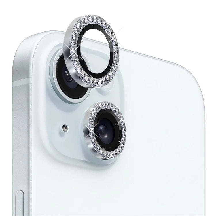 NORTHJO 1 Set For iPhone 15 / 15 Plus Rhinestone Lens Protector Tempered Glass + Metal Rear Camera Lens Film