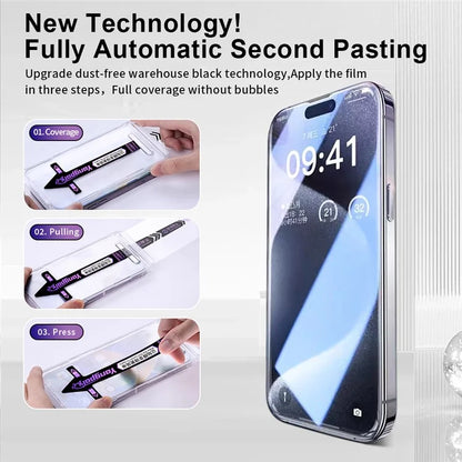 YONGPOLY For iPhone 15 Pro Silk Printing Tempered Glass HD Clear Screen Protector with Dust-Proof Net