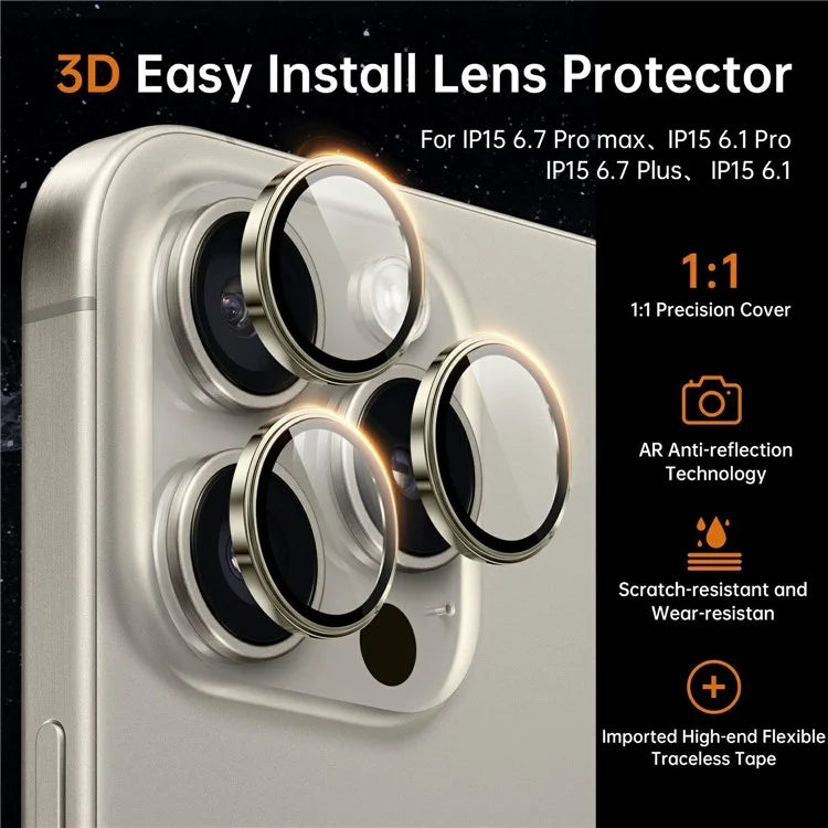 WIWU LG-005 1 Set For iPhone 15 Pro 3D Tempered Glass Rear Lens Film Aluminum Alloy Frame Lens Protector