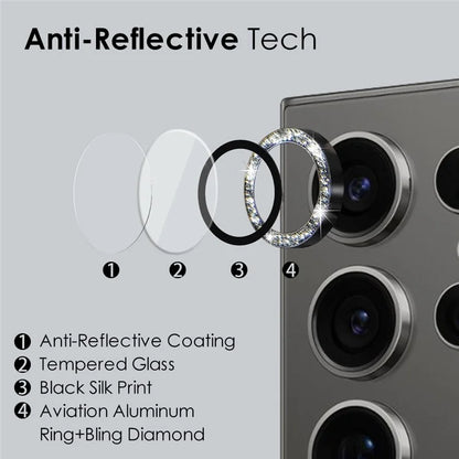 NORTHJO 1 Set For Samsung Galaxy S24 Ultra Glitter Camera Lens Protector Tempered Glass+Metal Individual Ring Cover Film