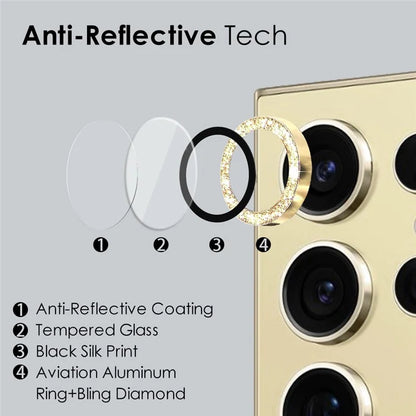 NORTHJO 1 Set For Samsung Galaxy S24 Ultra Glitter Camera Lens Protector Tempered Glass+Metal Individual Ring Cover Film