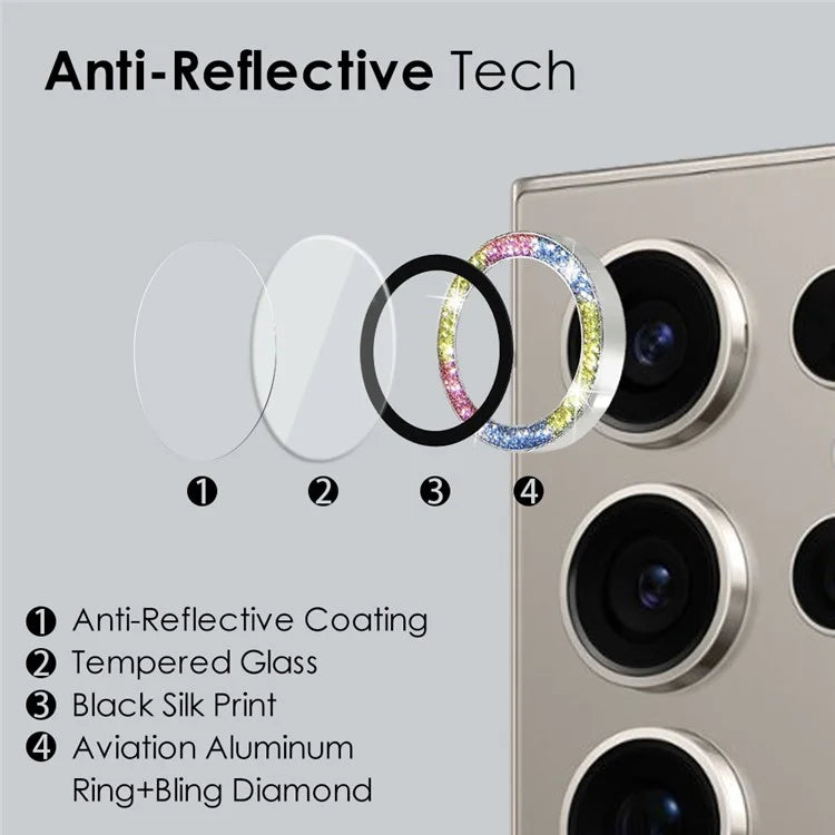 NORTHJO 1 Set For Samsung Galaxy S24 Ultra Glitter Camera Lens Protector Tempered Glass+Metal Individual Ring Cover Film