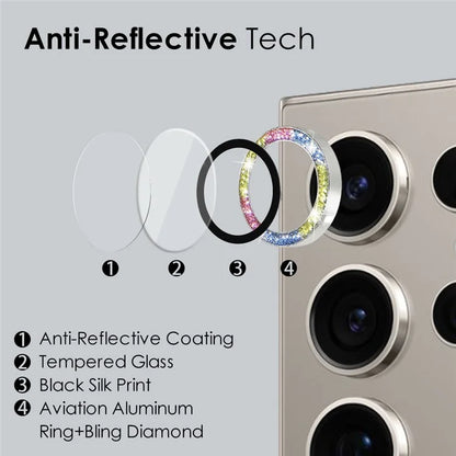 NORTHJO 1 Set For Samsung Galaxy S24 Ultra Glitter Camera Lens Protector Tempered Glass+Metal Individual Ring Cover Film