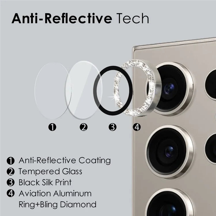 NORTHJO 1 Set For Samsung Galaxy S24 Ultra Glitter Camera Lens Protector Tempered Glass+Metal Individual Ring Cover Film
