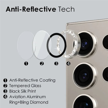 NORTHJO 1 Set For Samsung Galaxy S24 Ultra Glitter Camera Lens Protector Tempered Glass+Metal Individual Ring Cover Film