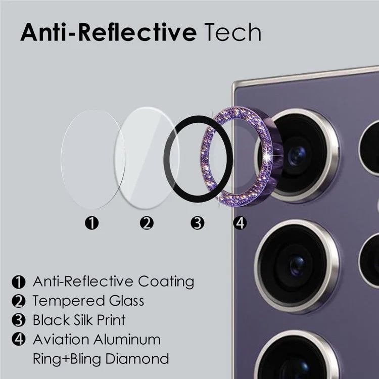 NORTHJO 1 Set For Samsung Galaxy S24 Ultra Glitter Camera Lens Protector Tempered Glass+Metal Individual Ring Cover Film