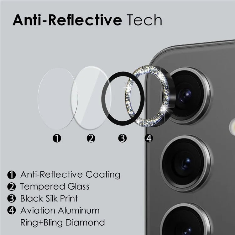 NORTHJO 1 Set For Samsung Galaxy S24 Glitter Scratch-proof Camera Lens Protector Tempered Glass+Metal Individual Ring Cover Film