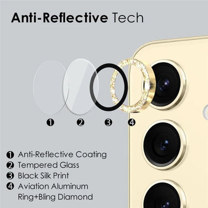 NORTHJO 1 Set For Samsung Galaxy S24 Glitter Scratch-proof Camera Lens Protector Tempered Glass+Metal Individual Ring Cover Film