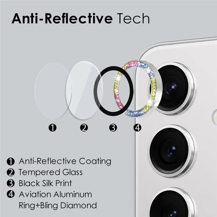 NORTHJO 1 Set For Samsung Galaxy S24 Glitter Scratch-proof Camera Lens Protector Tempered Glass+Metal Individual Ring Cover Film