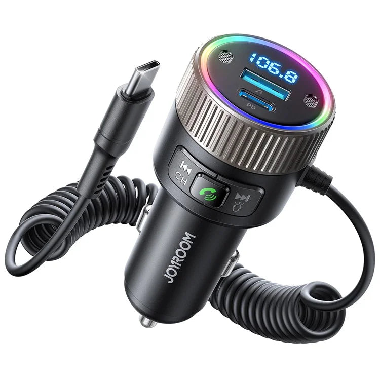 JOYROOM JR-CCB02 Black 60W Fast Charging Car Bluetooth Transmitter Audio Adapter with Spring Type-C Cable