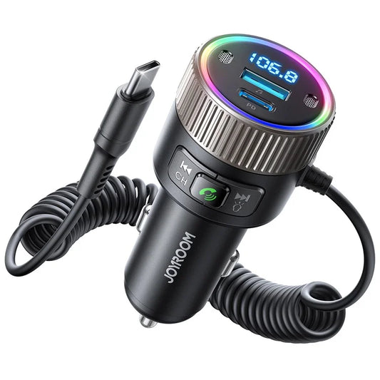 JOYROOM JR-CCB02 Black 60W Fast Charging Car Bluetooth Transmitter Audio Adapter with Spring Type-C Cable