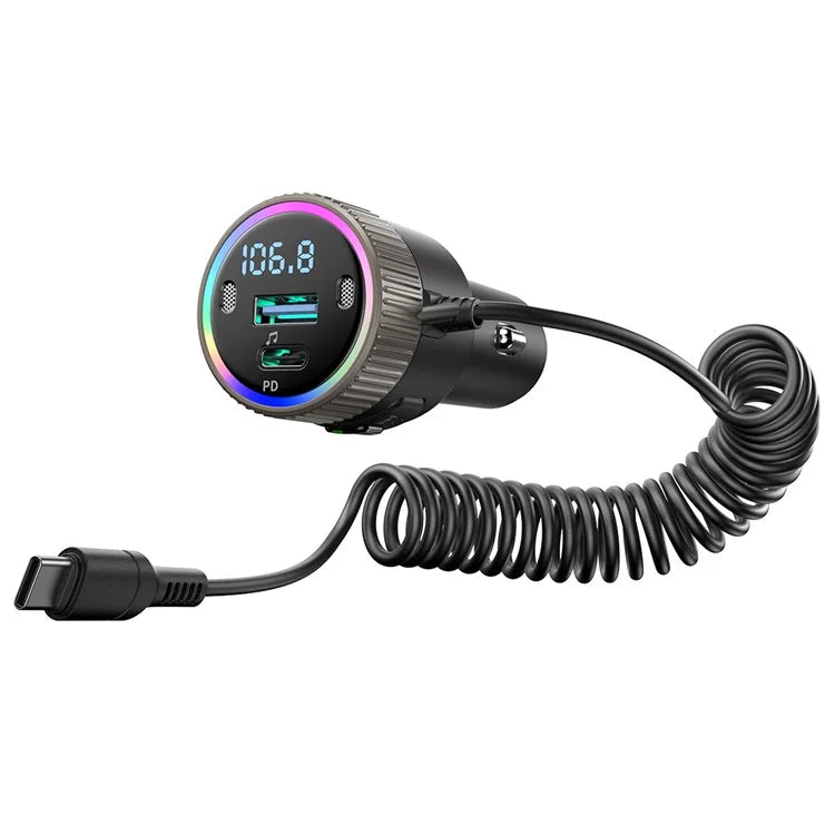 JOYROOM JR-CCB02 Black 60W Fast Charging Car Bluetooth Transmitter Audio Adapter with Spring Type-C Cable
